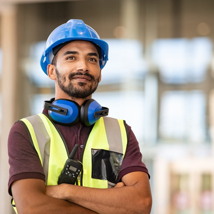 Indian,Construction,Site,Manager,Standing,With,Folded,Arms,Wearing,Safety